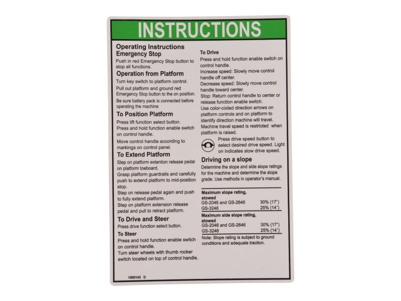Part Number 70040753 Instruct Op Gen5 Gs46 fits JLG