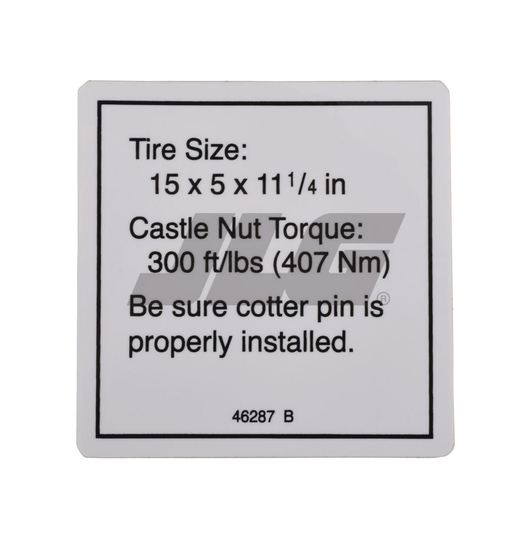 Part Number 70040806 Label-Tire Spec fits JLG