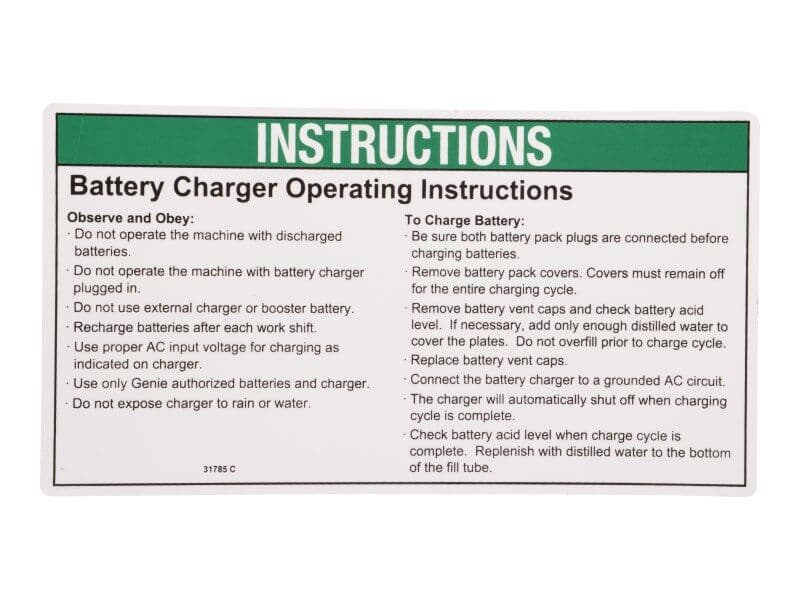 Part Number 70040817 Notice, Charger Instruct fits JLG