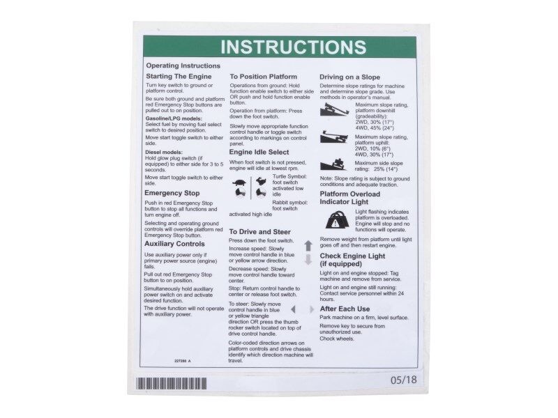 70043914 Decal, Operating Instructions | JLG