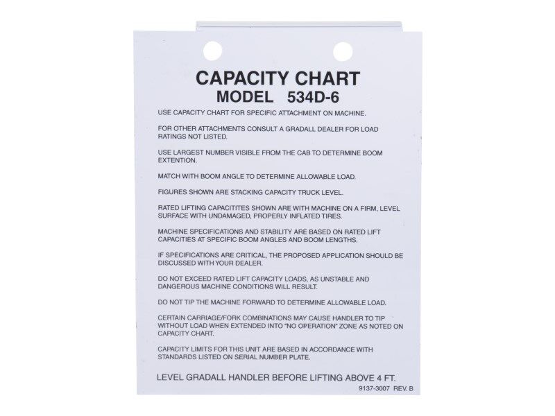 Part Number 91373007 Load Chart fits JLG