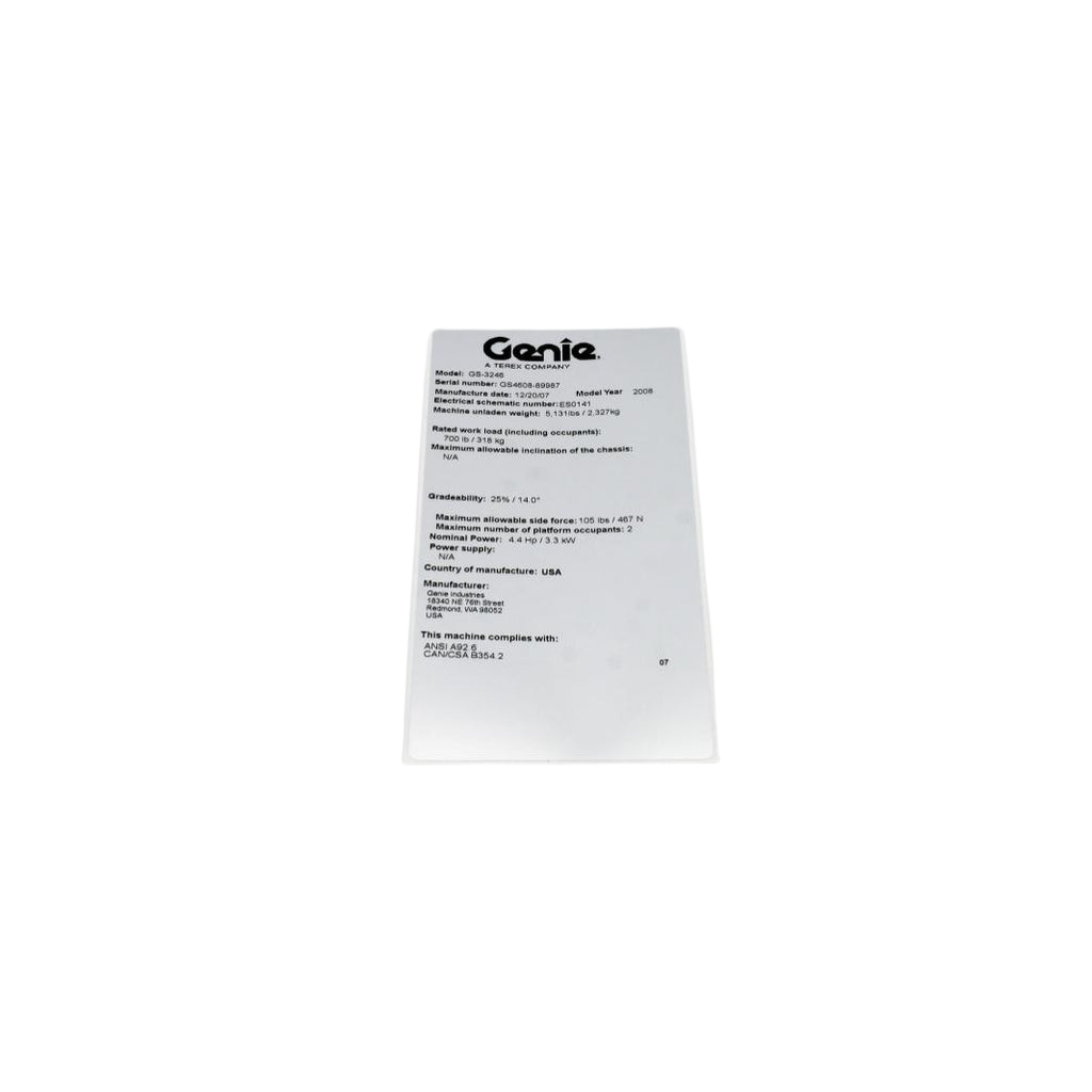 77046GT Serial # Label Mylar 4X8 - Genuine Genie Replacement Part