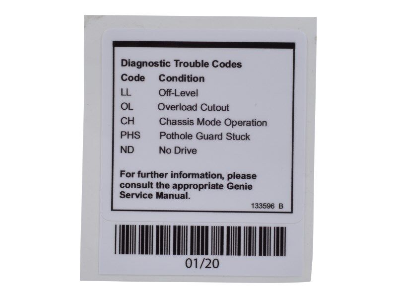 133596 Decal, Fault Codes | Genie
