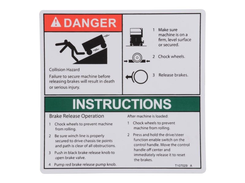 T107029 Decal, Danger, Brake Rel Safe | Genie