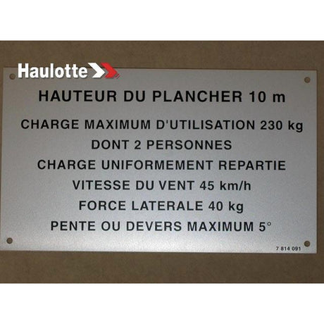 Part Number 3078140910 Floor Height + Load Label fits Haulotte