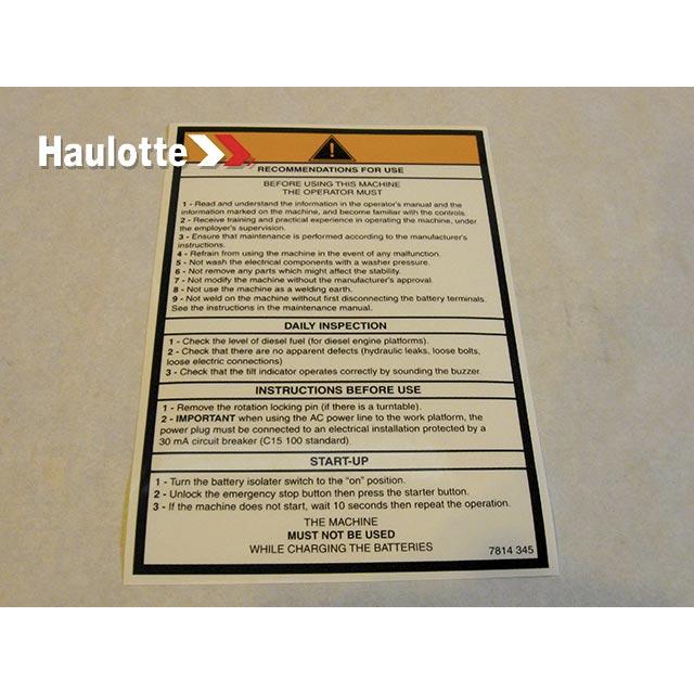 3078143450 Operating Instruction Label | Genuine Haulotte