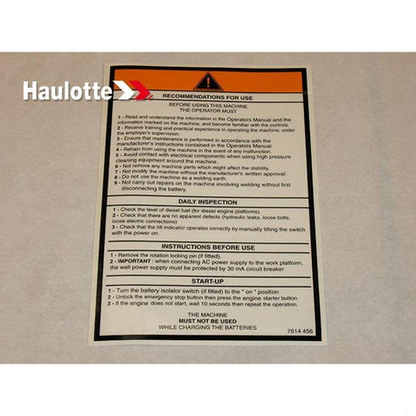 Part Number 3078144560 Operating Instruction Label fits Haulotte