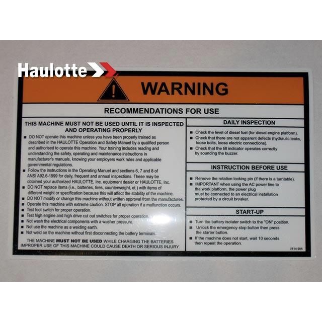 3078149050 Operating Instruction Label | Genuine Haulotte