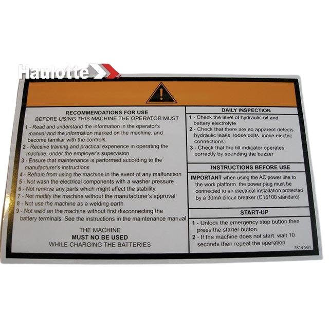 3078149610 Operating Instructions Label | Genuine Haulotte