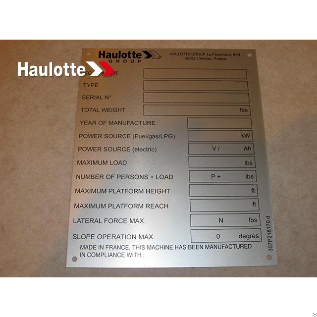 307P218170 Manufacturer'S Plate | Genuine Haulotte