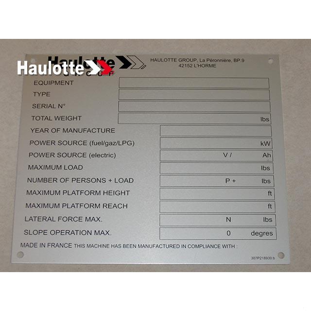 Part Number 307P218930 Manufacturer Plate fits Haulotte