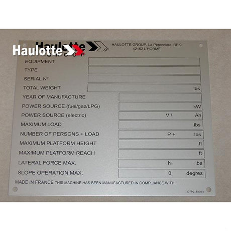 Part Number 307P218930 Manufacturer Plate fits Haulotte