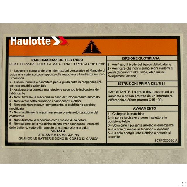307P220090 Operating Instructions Label | Genuine Haulotte