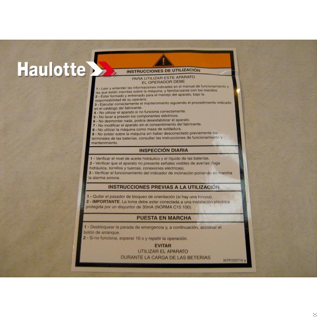 307P220710 Operating Instructions Label | Genuine Haulotte