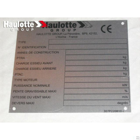 Part Number 307P220810 Manufacturer Plate fits Haulotte