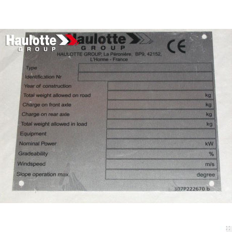 Part Number 307P222670 Manufacturer Plate fits Haulotte