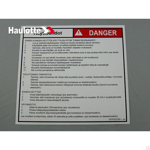 307P222780 Operating Instructions Label | Genuine Haulotte