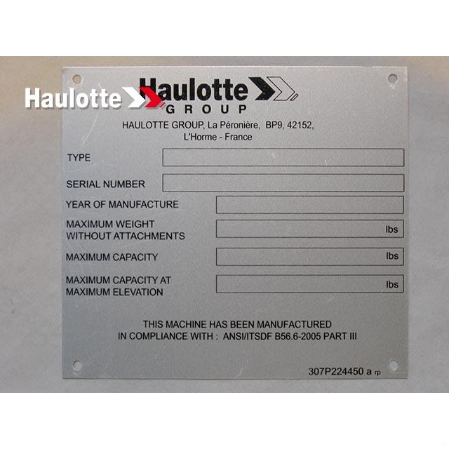 Part Number 307P224450 Manufacturer Plate fits Haulotte
