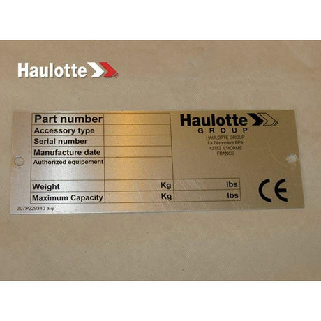 Part Number 307P229340 Label fits Haulotte