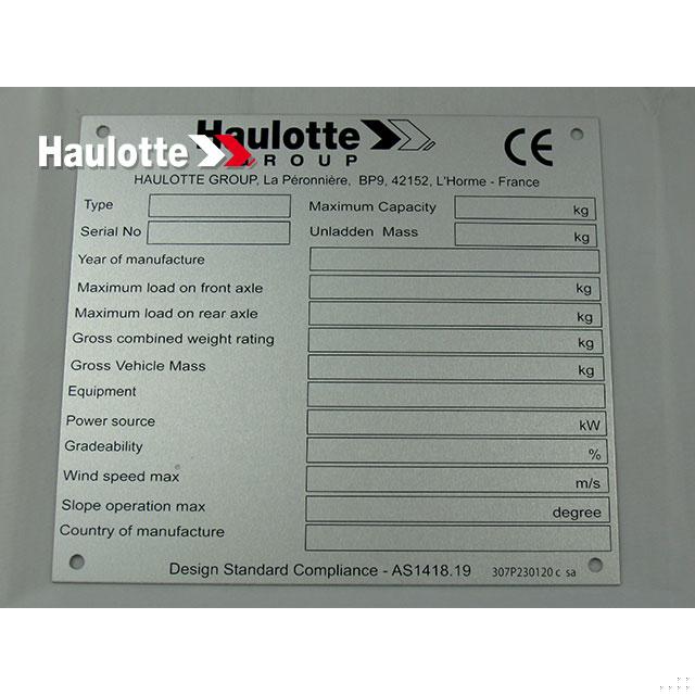 Part Number 307P230120 Manufacturer Plate fits Haulotte