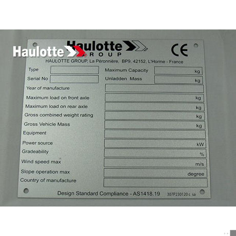 Part Number 307P230120 Manufacturer Plate fits Haulotte