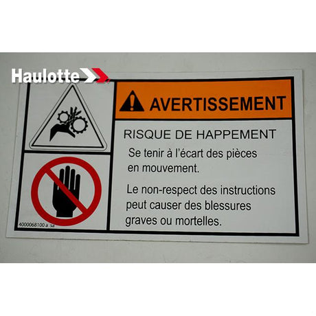 Part Number 4000068100 Hand Injury Label fits Haulotte