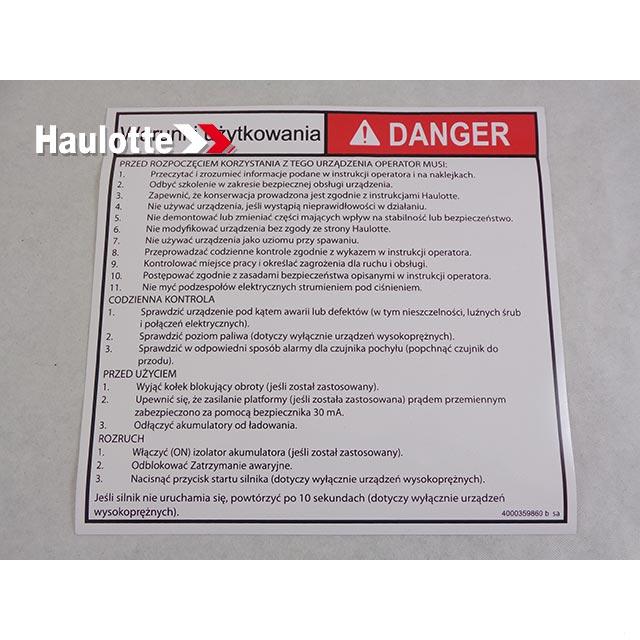 Part Number 4000359860 Instruction Label fits Haulotte