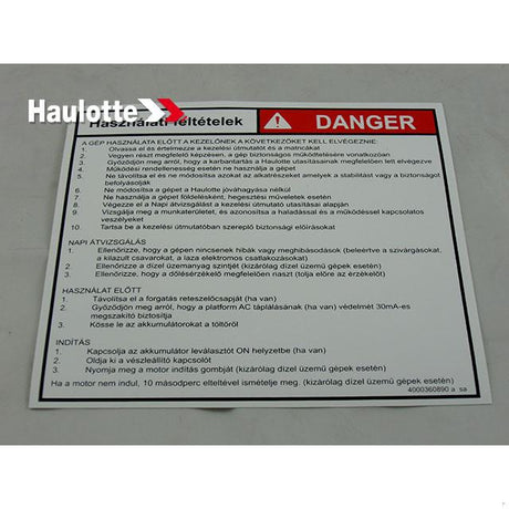 Part Number 4000360890 Instruction Label fits Haulotte