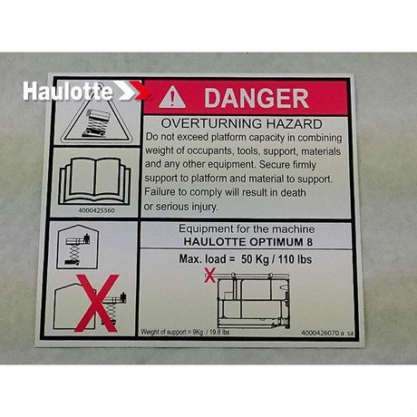 Part Number 4000426070 Label Door fits Haulotte