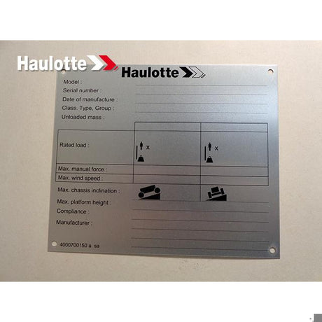 Part Number 4000700150 Manufacturer Plate fits Haulotte