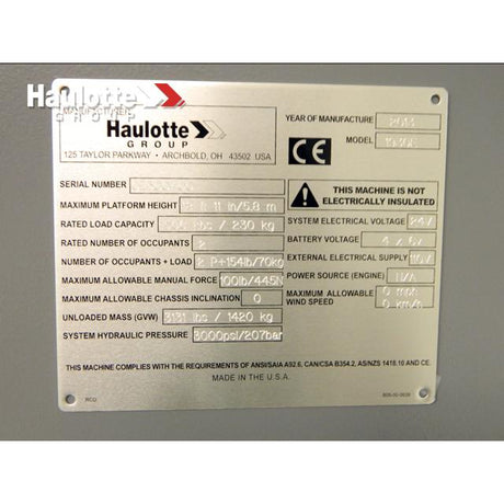 Part Number B06-00-0638 Plate-Serial-6.31X5.31X.025 Anod Alum, 3M 468 Adh, 4 Crnr Hls fits Haulotte