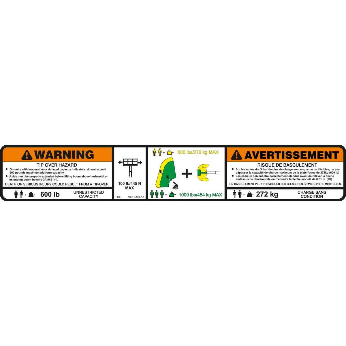 JLG 1001199567 Decal, Warning Dual Cap.Fre/Eng - Genuine JLG Replacement Part | BHE Lift Parts