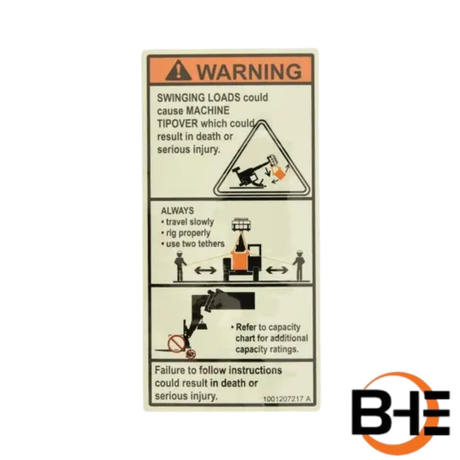 Part Number 1001207217 Decal, Danger Swinging Loads fits JLG